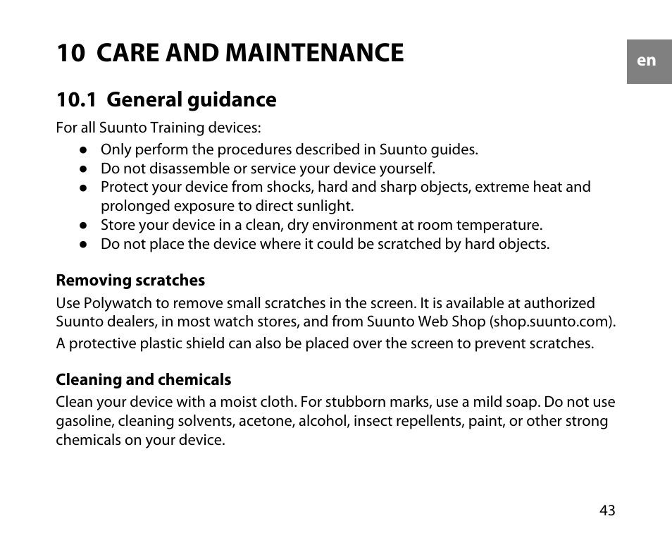 10 care and maintenance, 1 general guidance | SUUNTO t4d User Manual | Page 44 / 58