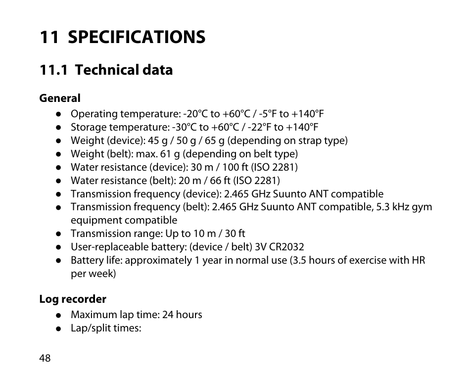 11 specifications, 1 technical data | SUUNTO t4d User Manual | Page 49 / 58