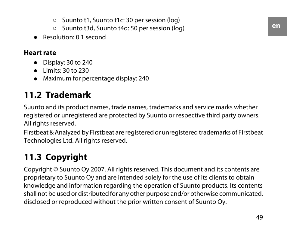 2 trademark, 3 copyright, 49 11.3 copyright | SUUNTO t4d User Manual | Page 50 / 58