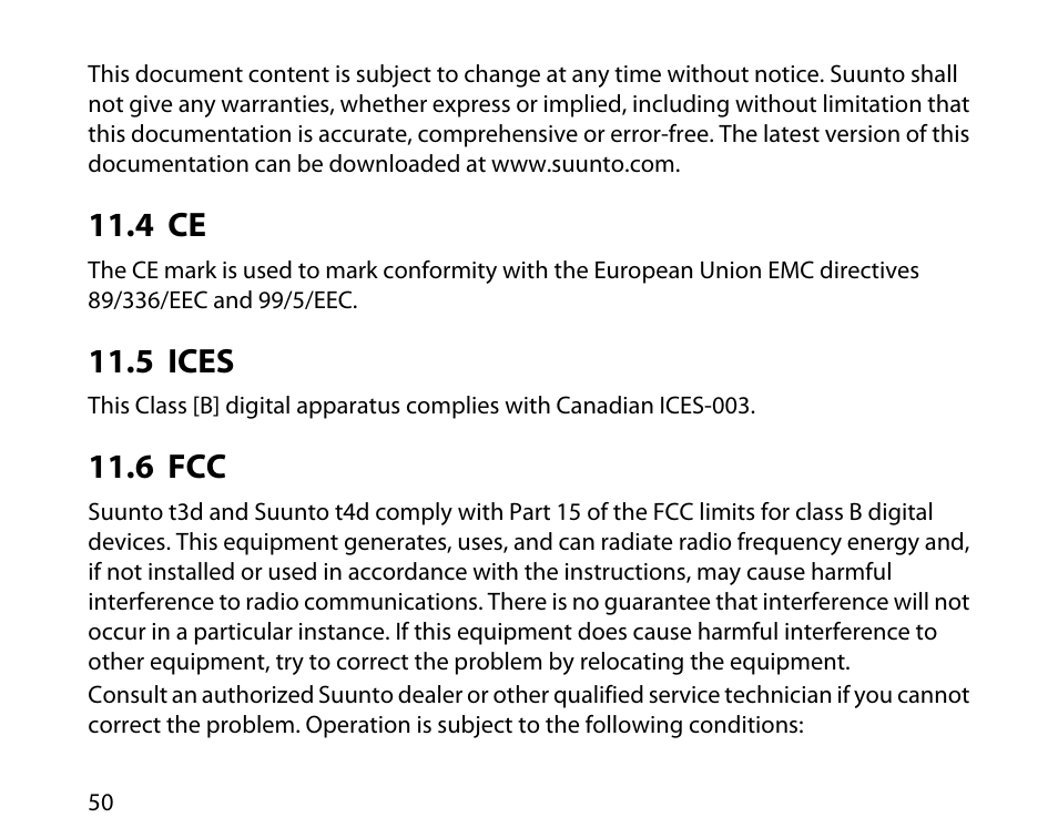 4 ce, 5 ices, 6 fcc | 50 11.5 ices, 50 11.6 fcc | SUUNTO t4d User Manual | Page 51 / 58