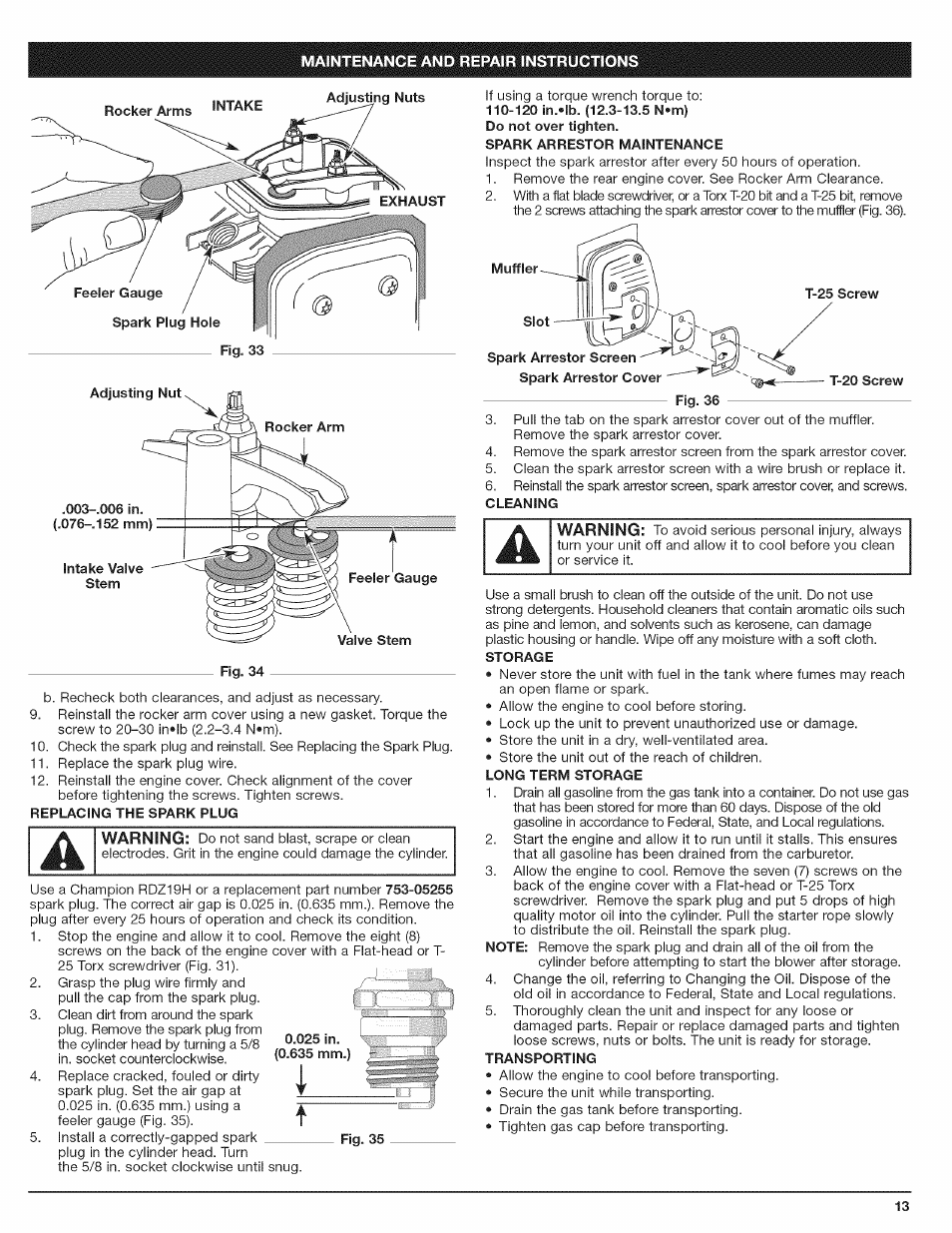 Replacing the spark plug, Spark arrestor maintenance, Storage | Long term storage, Transporting | Craftsman 316.794801 User Manual | Page 13 / 36