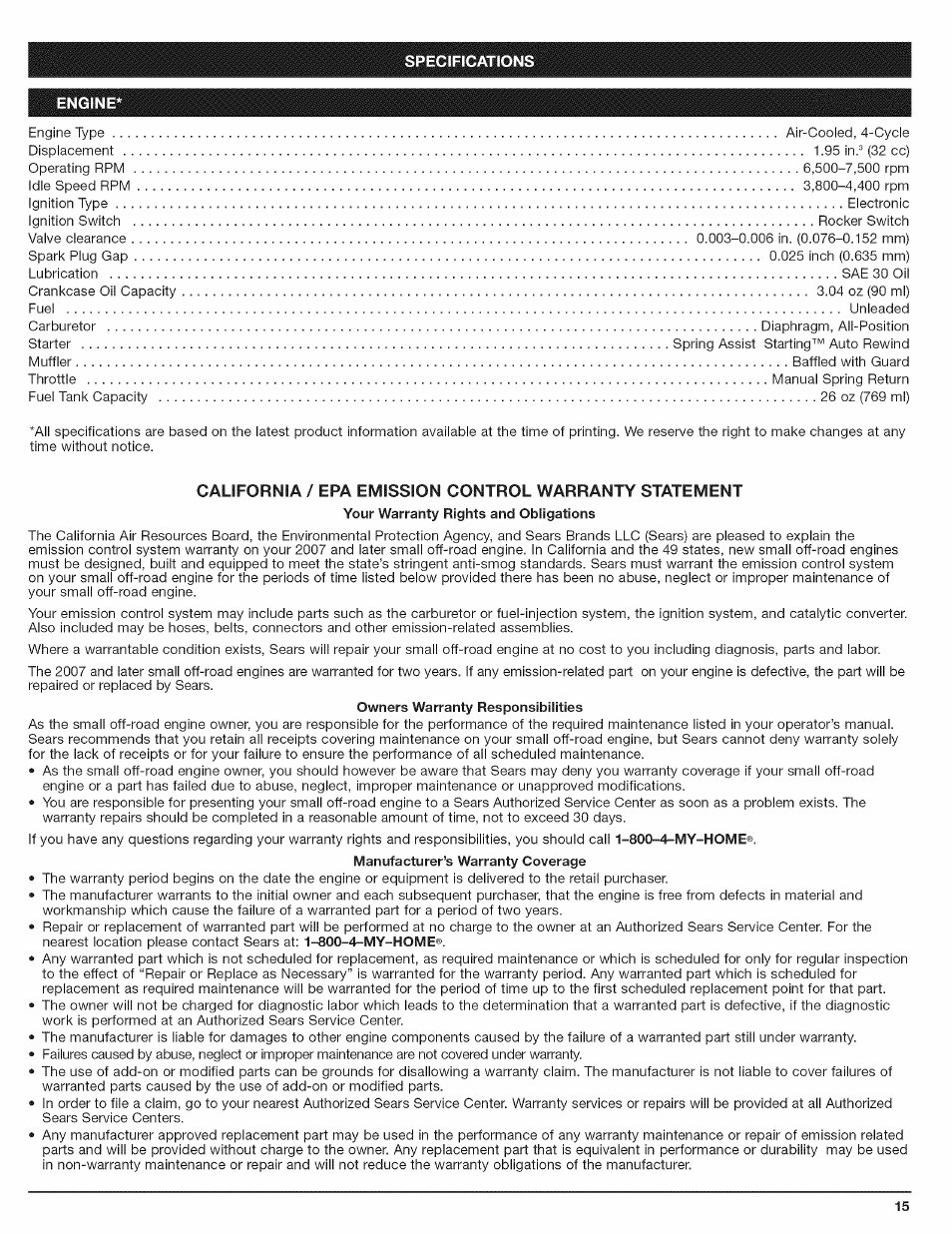 Specifications, Engine | Craftsman 316.794801 User Manual | Page 15 / 36