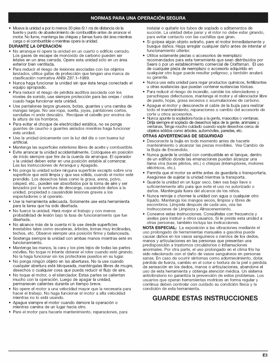 Durante la operación, Otras advertencias de seguridad, Guarde estas instrucciones | Craftsman 316.794801 User Manual | Page 19 / 36