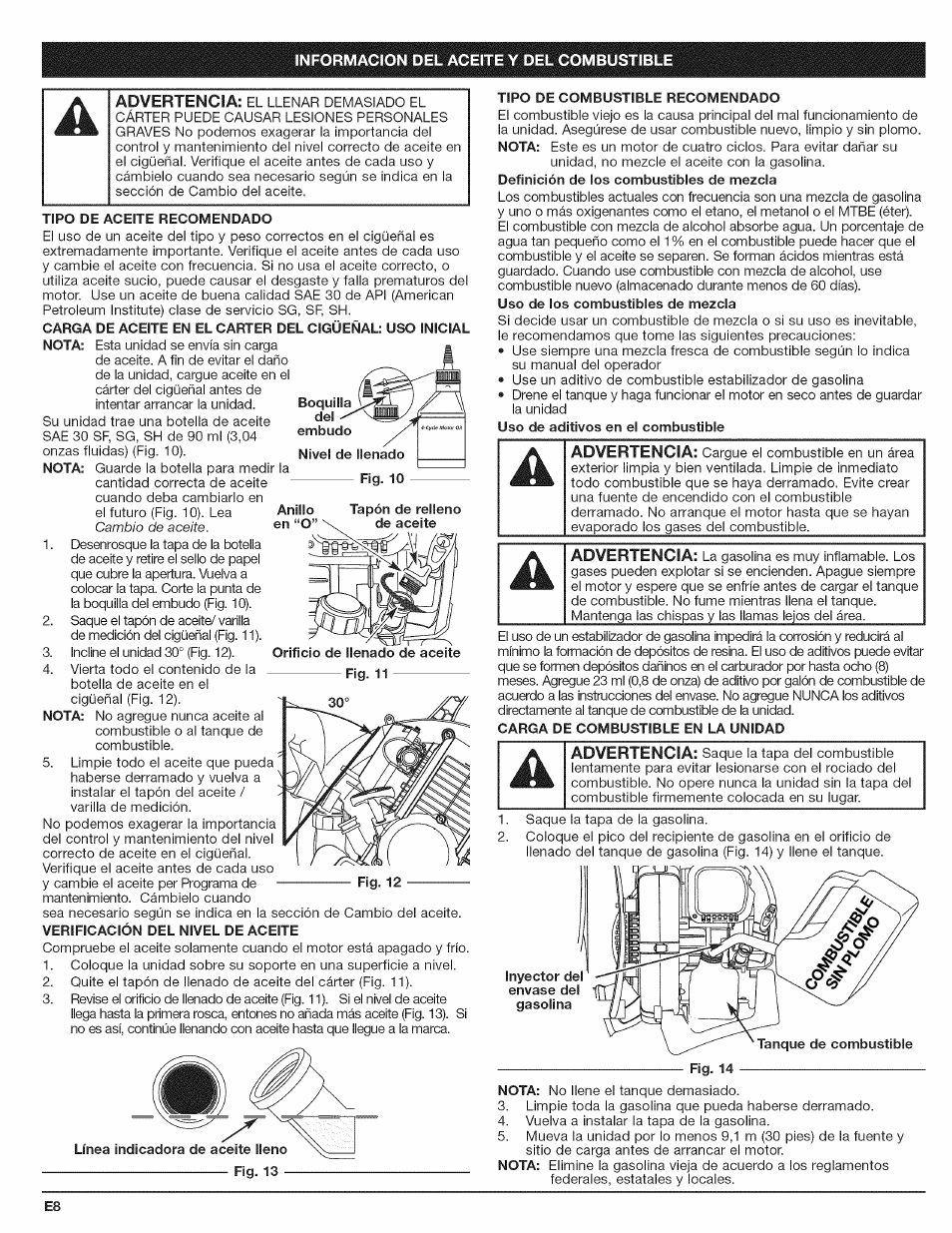 Informacion del aceite y del combustible, Boquilla del, Tipo de aceite recomendado | Línea indicadora de aceite iieno fig. 13, Tipo de combustible recomendado | Craftsman 316.794801 User Manual | Page 24 / 36