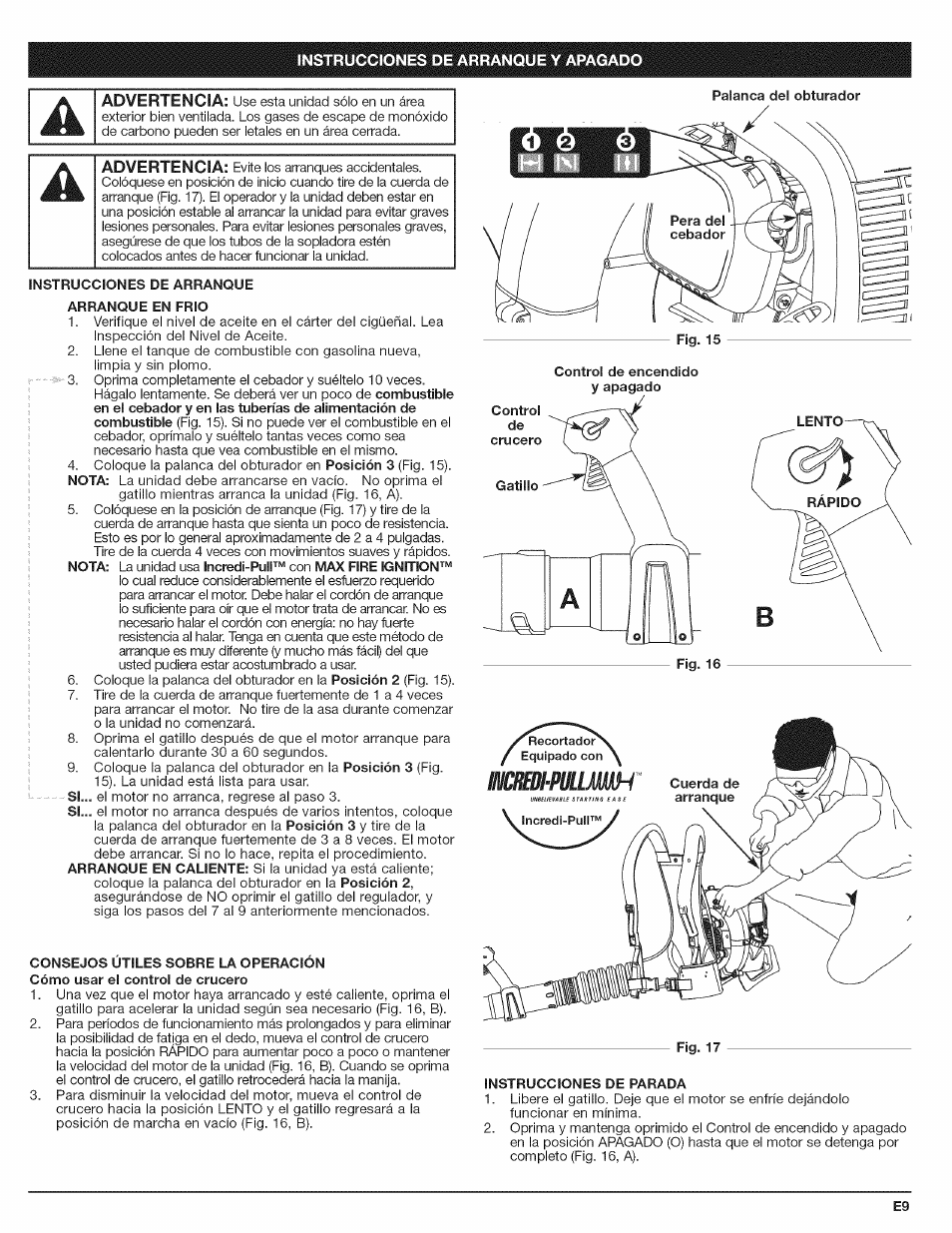 Instrucciones de arranque arranque en frio, Consejos útiles sobre la operación, Instrucciones de parada | Craftsman 316.794801 User Manual | Page 25 / 36