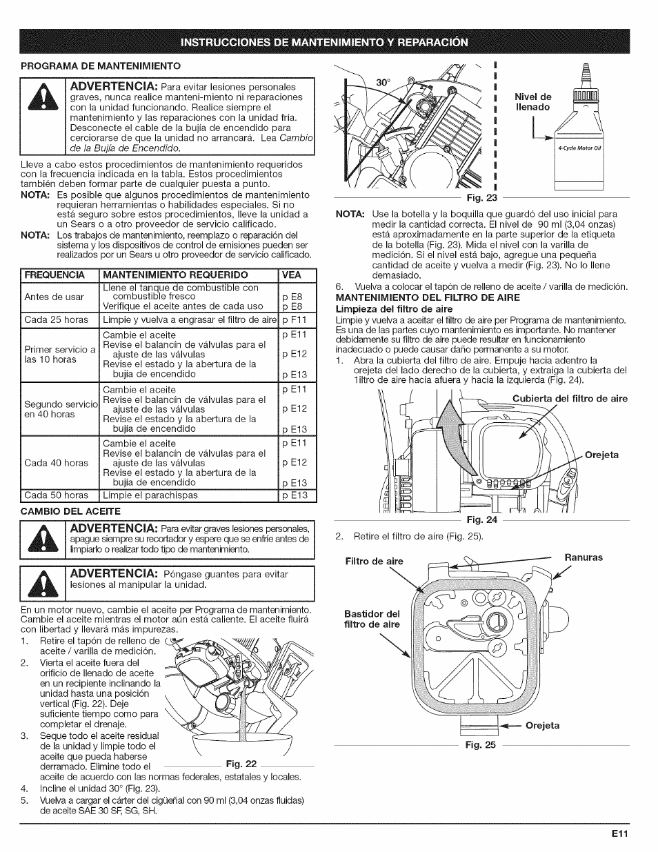 Programa de mantenimiento | Craftsman 316.794801 User Manual | Page 27 / 36