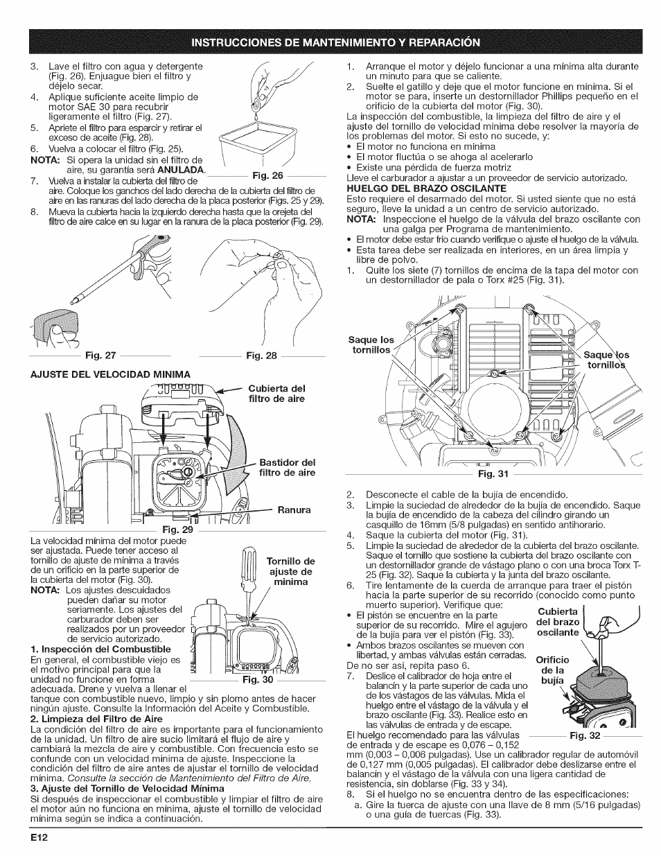 Limpieza del filtro de aire, Ajuste del tornillo de velocidad mínima | Craftsman 316.794801 User Manual | Page 28 / 36