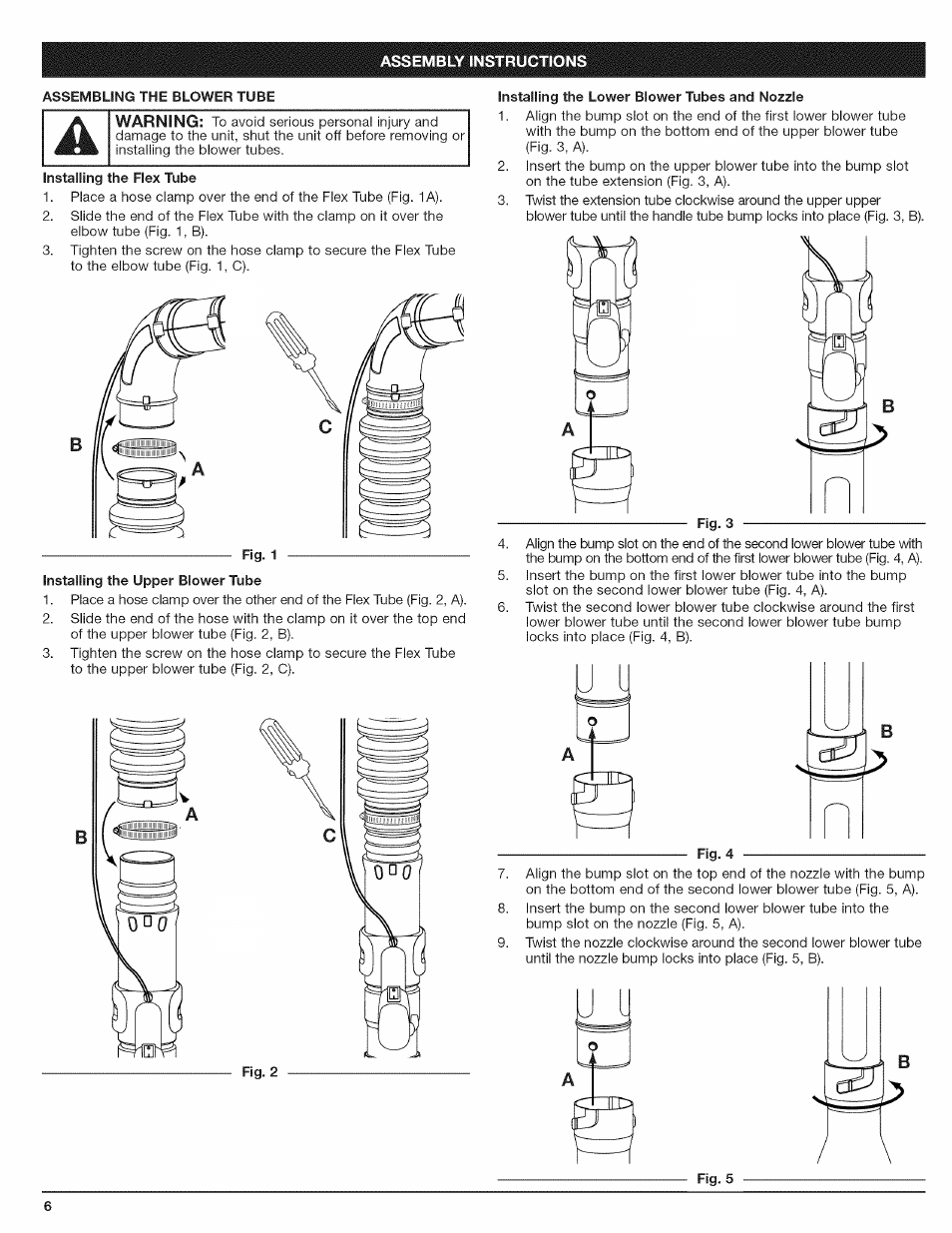 Assembling the blower tube, Installing the flex tube, Installing the upper blower tube | Instaiiing the lower blower tubes and nozzle | Craftsman 316.794801 User Manual | Page 6 / 36