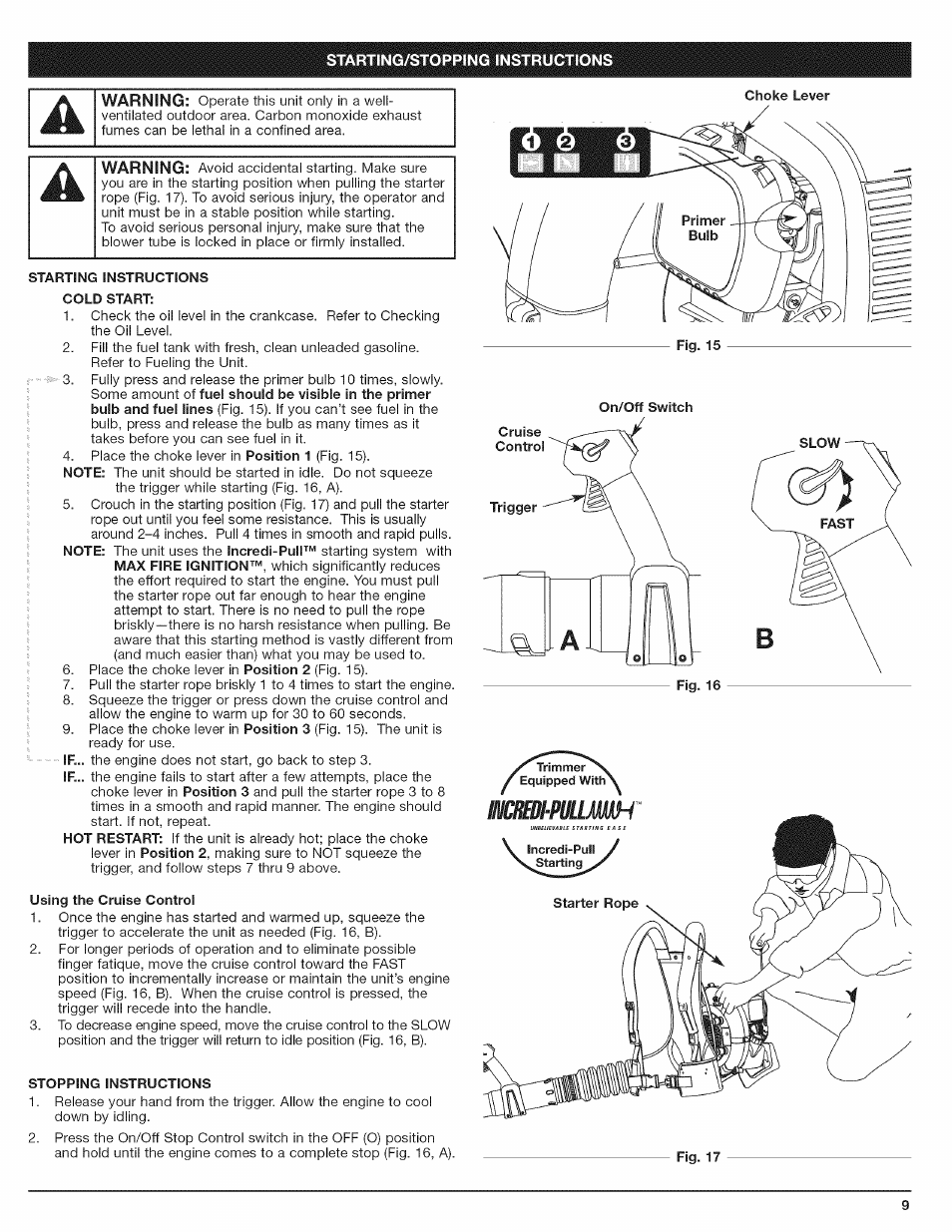 Starting instructions, Cold start, Using the cruise control | Stopping instructions, Êcnimlmmh | Craftsman 316.794801 User Manual | Page 9 / 36