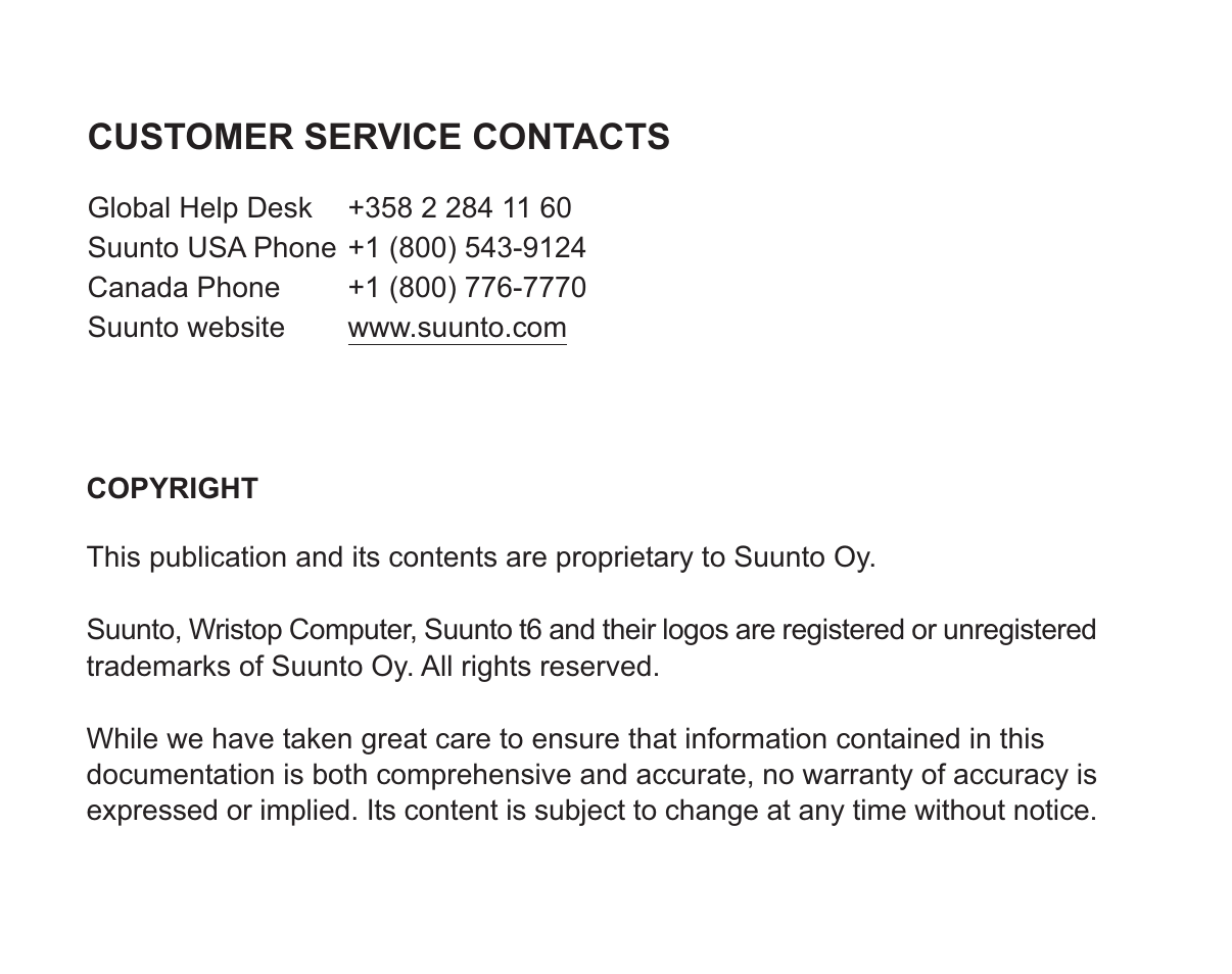 Customer service contacts | SUUNTO T6 User Manual | Page 2 / 83