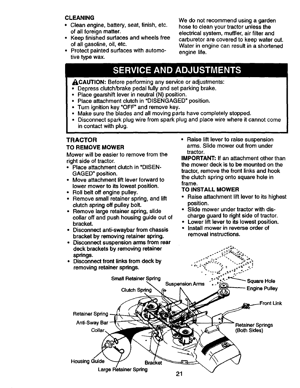 Tractor, Service and adjustments | Craftsman 917.270750 User Manual | Page 21 / 60