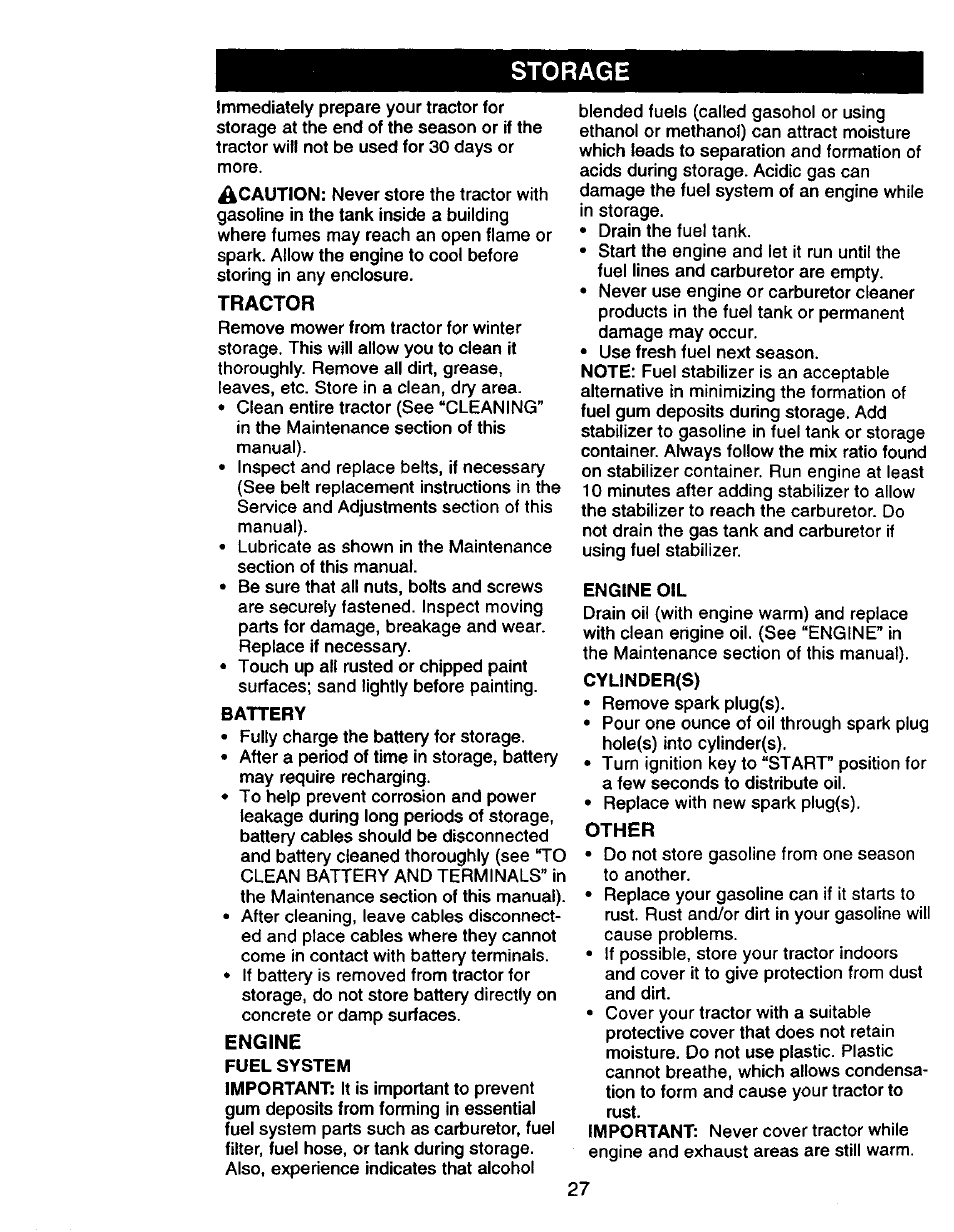 Tractor, Other, Storage | Craftsman 917.270750 User Manual | Page 27 / 60