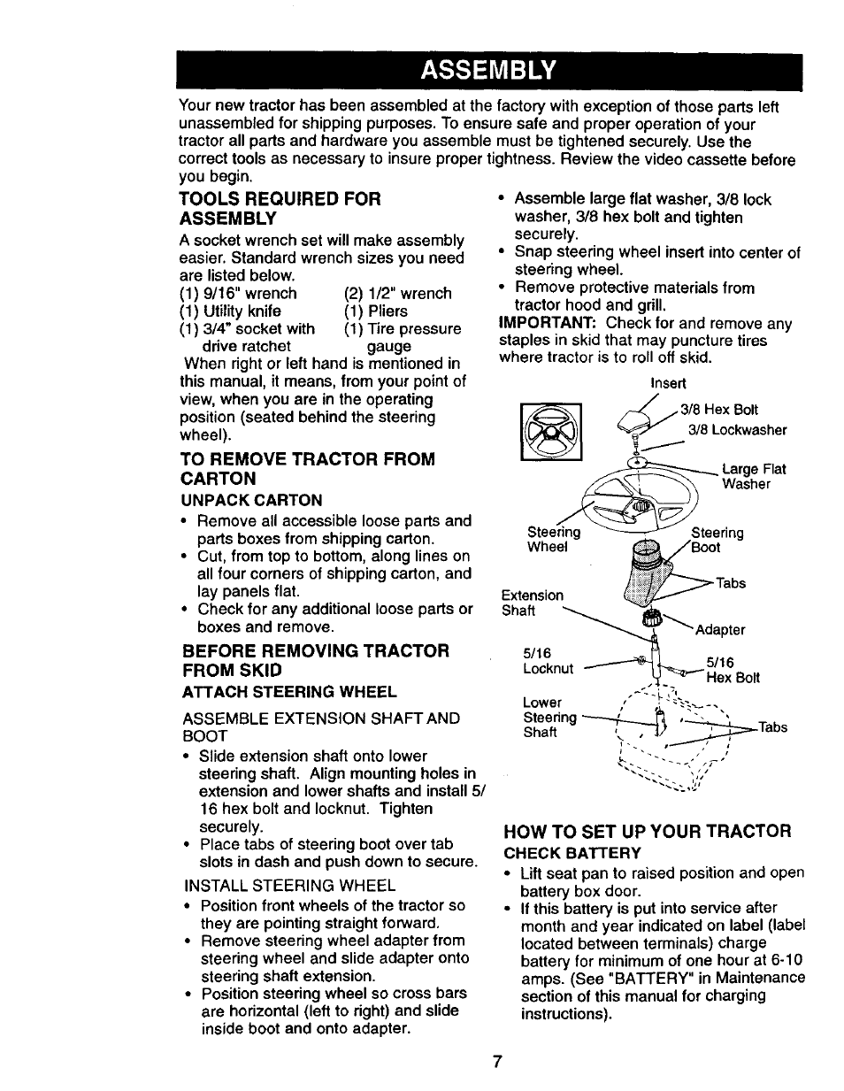 Tools required for assembly, To remove tractor from, Carton | Before removing tractor from skid, How to set up your tractor, Assembly | Craftsman 917.270750 User Manual | Page 7 / 60