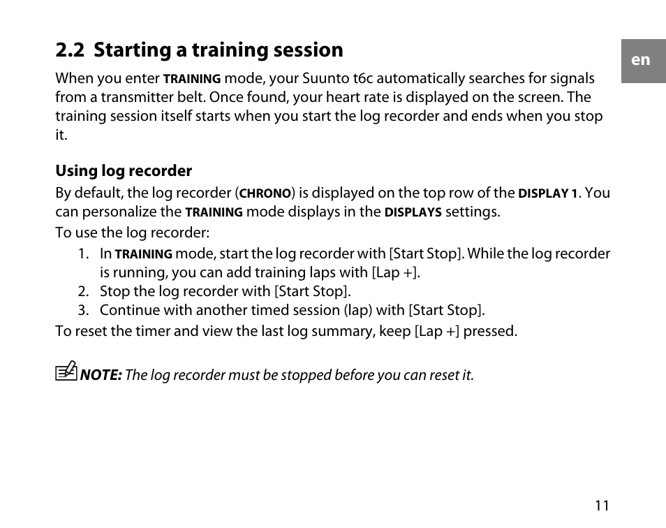 2 starting a training session | SUUNTO T6C Quick Start User Manual | Page 11 / 15