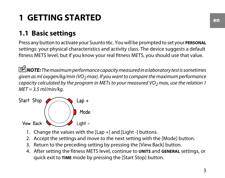 1 getting started, 1 basic settings | SUUNTO T6C Quick Start User Manual | Page 3 / 15