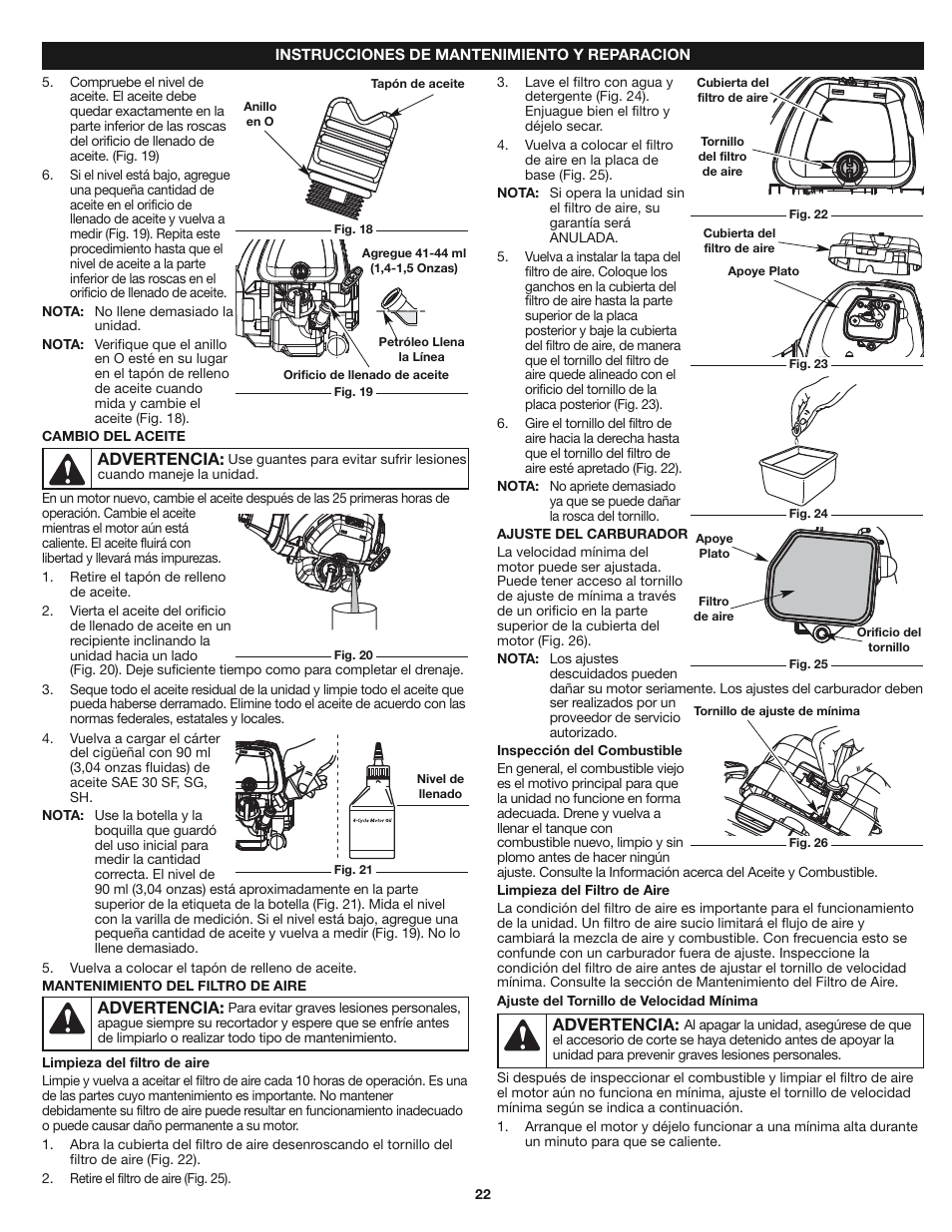 Advertencia | Craftsman 316.79199 User Manual | Page 22 / 32