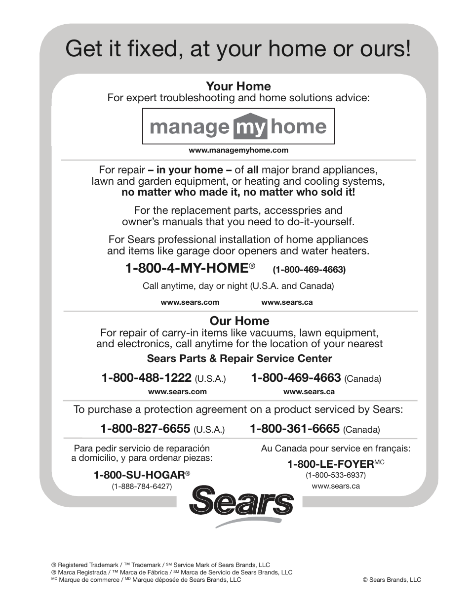 Get it fixed, at your home or ours, 800-4-my-home, Your home | Our home | Craftsman 316.79199 User Manual | Page 32 / 32