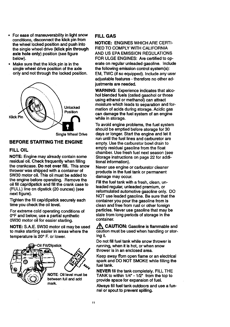 Before starting the engine fill oil, Fill gas | Craftsman 536.886140 User Manual | Page 11 / 39