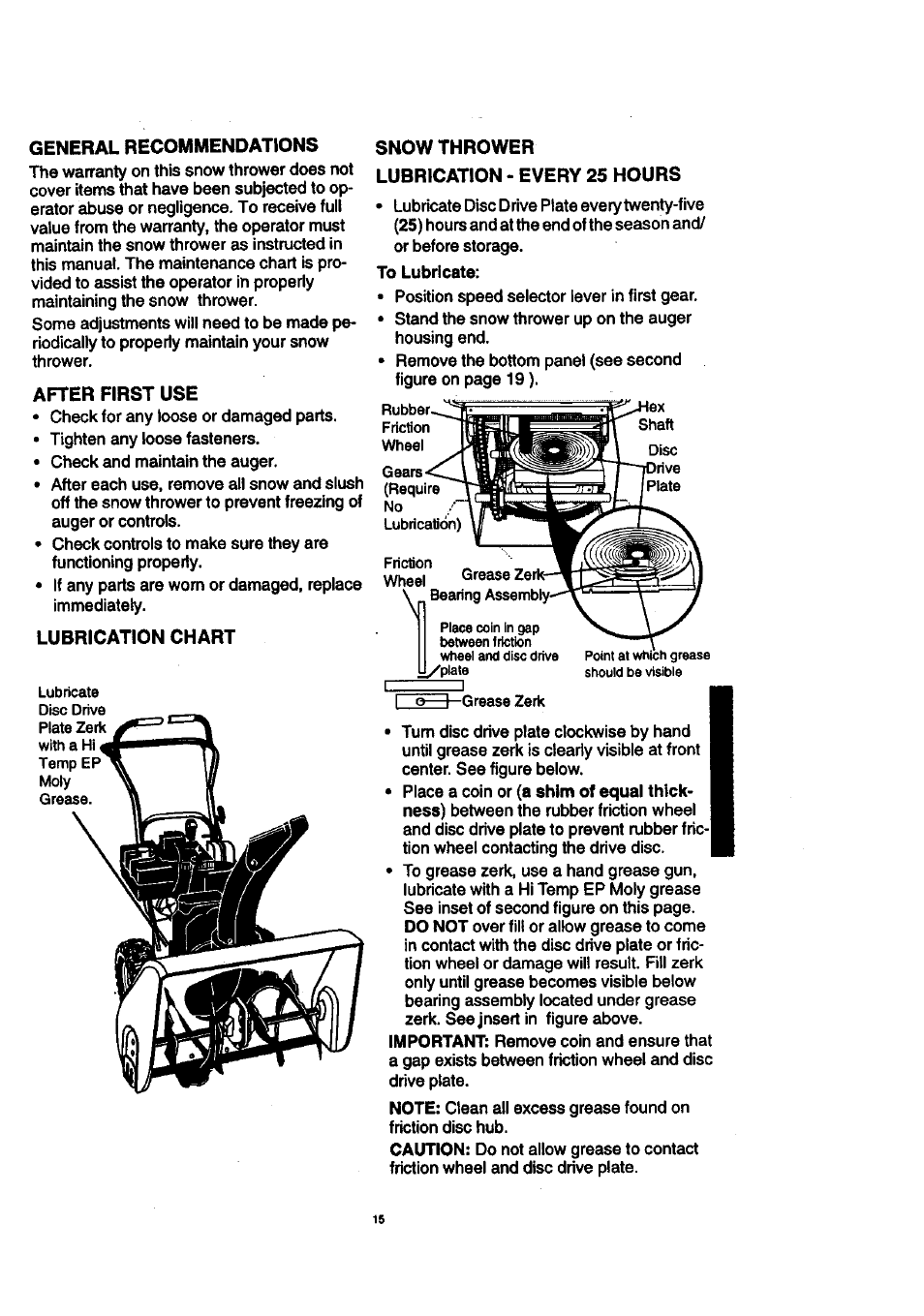 After first use, Lubrication chart, Snow thrower lubrication - every 25 hours | Craftsman 536.886140 User Manual | Page 15 / 39