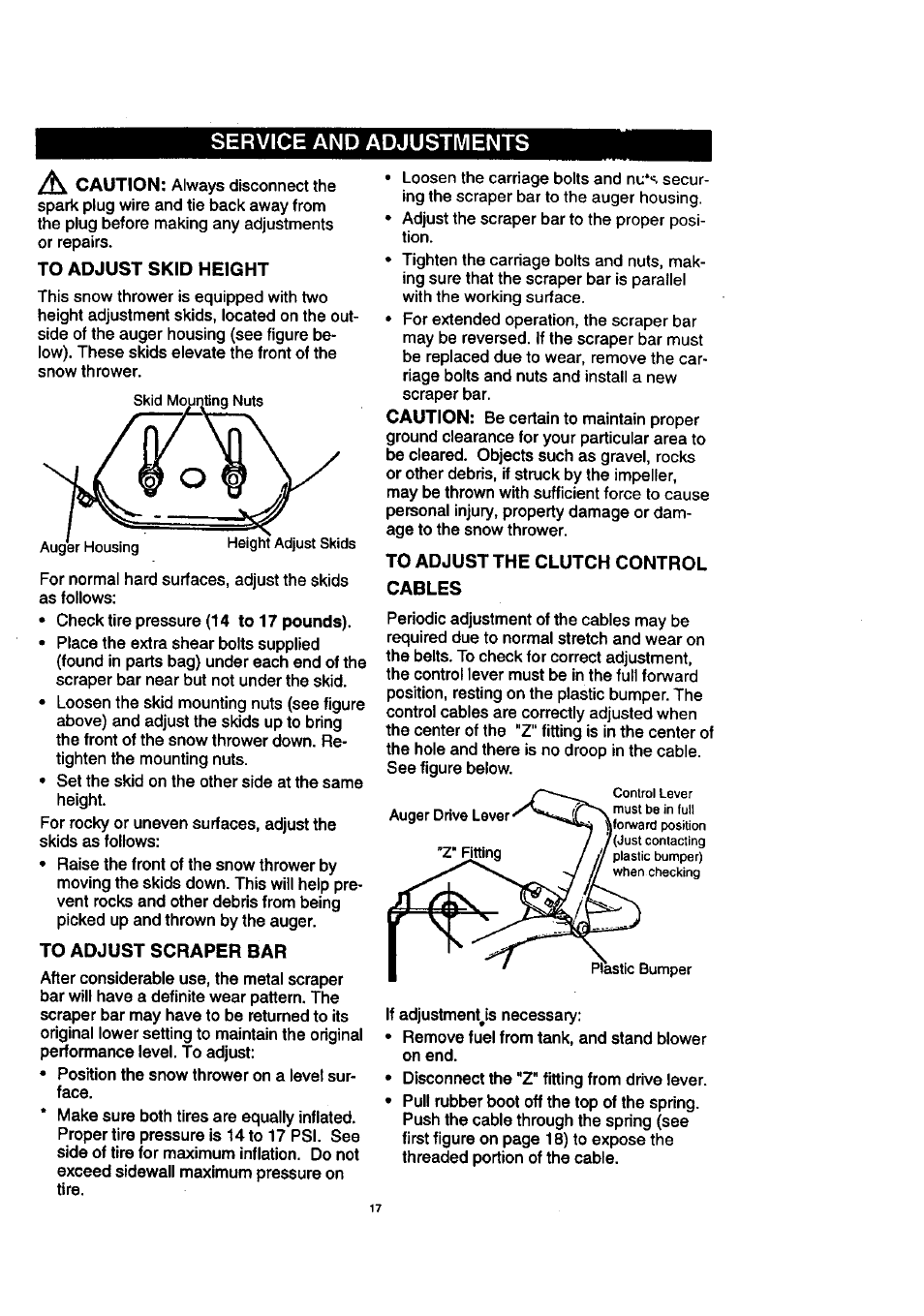 Service and adjustments, To adjust skid height, To adjust scraper bar | To adjust the clutch control cables | Craftsman 536.886140 User Manual | Page 17 / 39