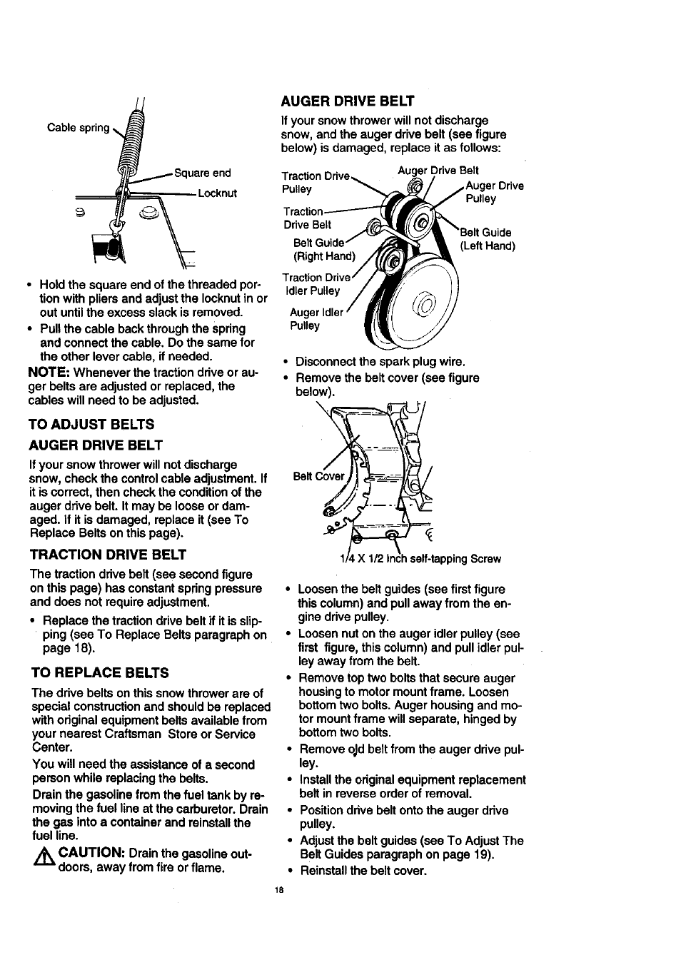 Auger drive belt, To adjust belts, Traction drive belt | To replace belts | Craftsman 536.886140 User Manual | Page 18 / 39