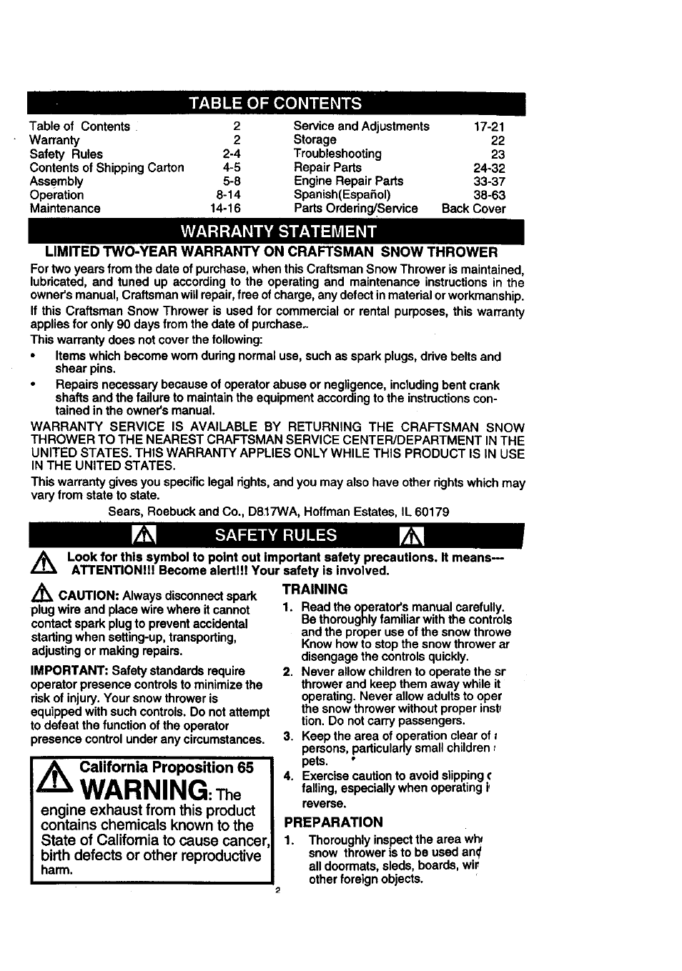 Preparation, Warning | Craftsman 536.886140 User Manual | Page 2 / 39