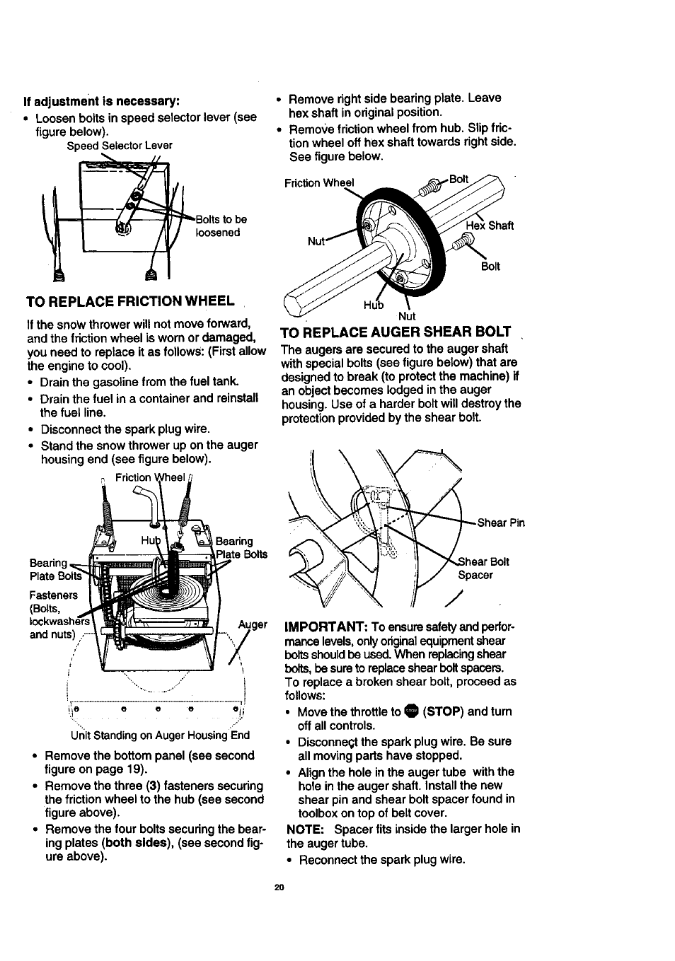 To replace friction wheel, To replace auger shear bolt | Craftsman 536.886140 User Manual | Page 20 / 39