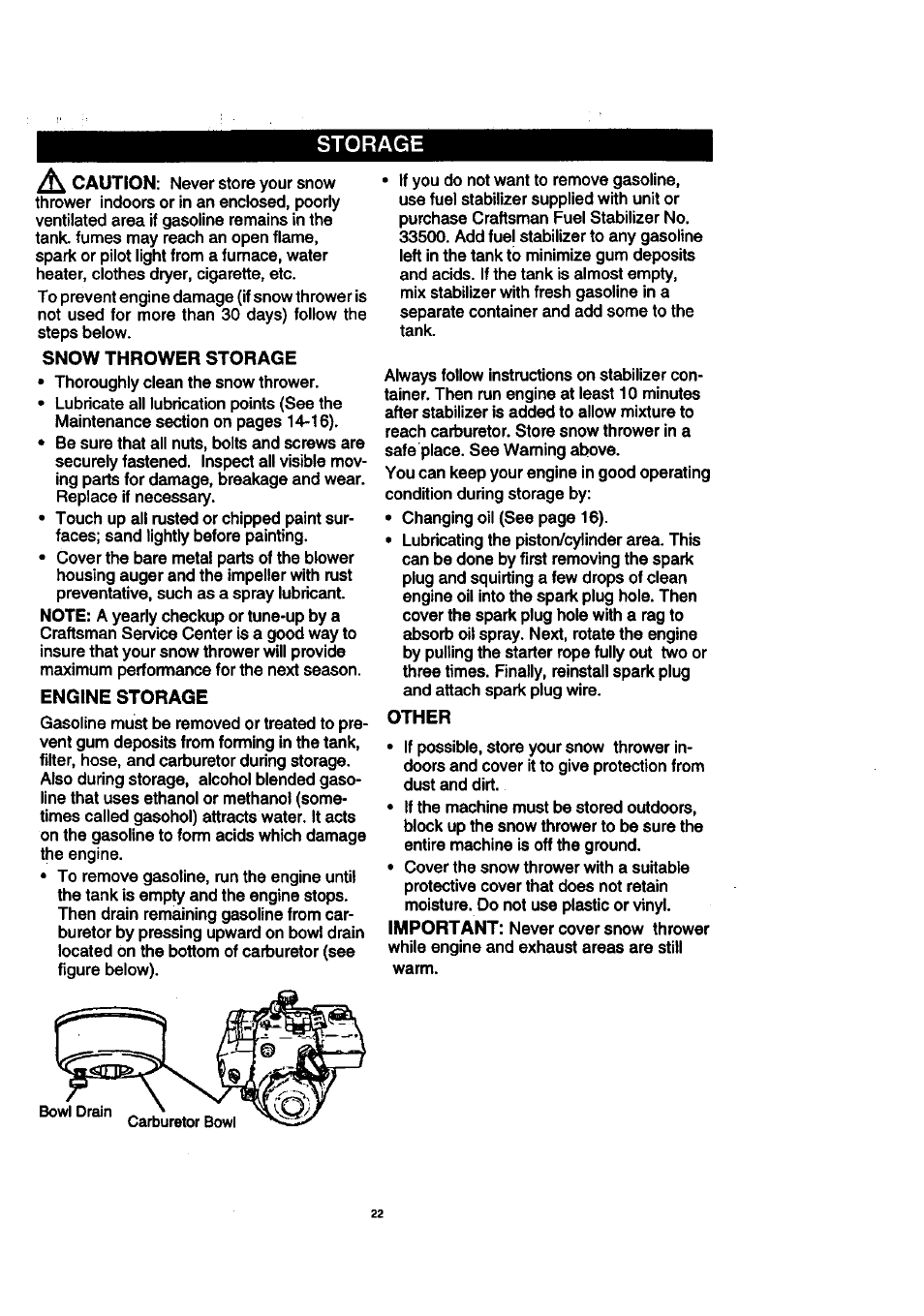 Storage, Snow thrower storage, Engine storage | Other | Craftsman 536.886140 User Manual | Page 22 / 39