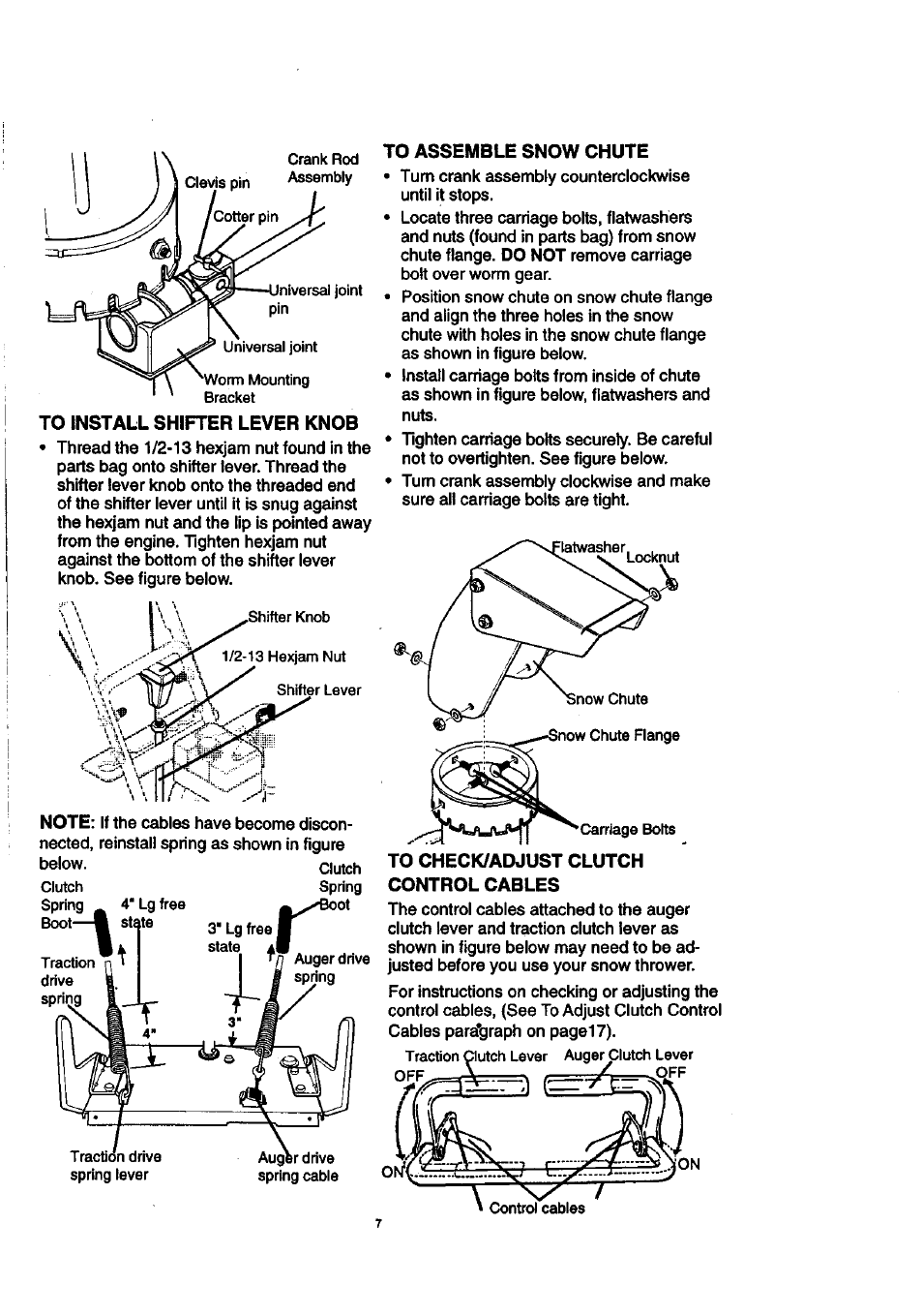 To install shifter lever knob, To assemble snow chute, To check/adjust clutch control cables | Craftsman 536.886140 User Manual | Page 7 / 39