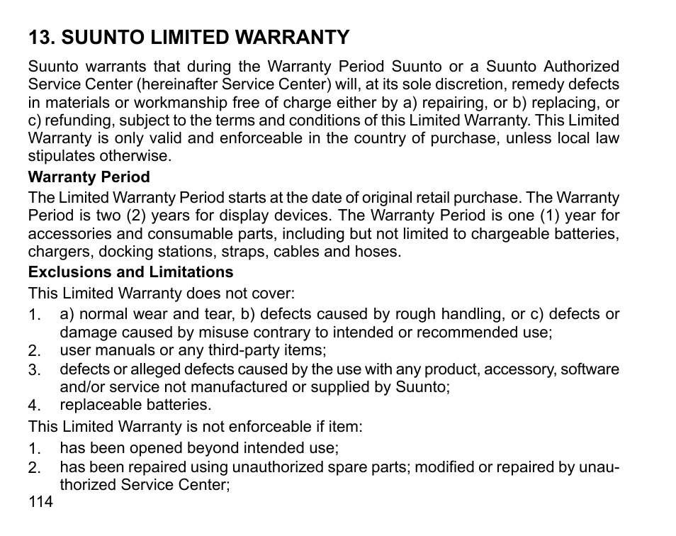 Suunto limited warranty | SUUNTO Vyper User Manual | Page 114 / 122