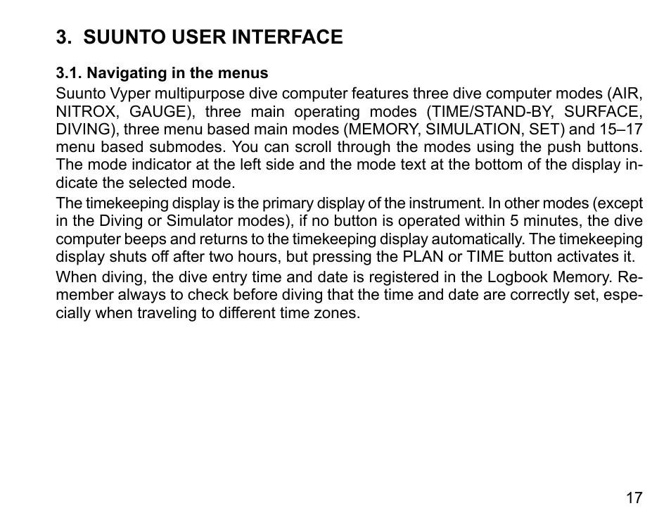 Suunto user interface, Navigating in the menus | SUUNTO Vyper User Manual | Page 17 / 122