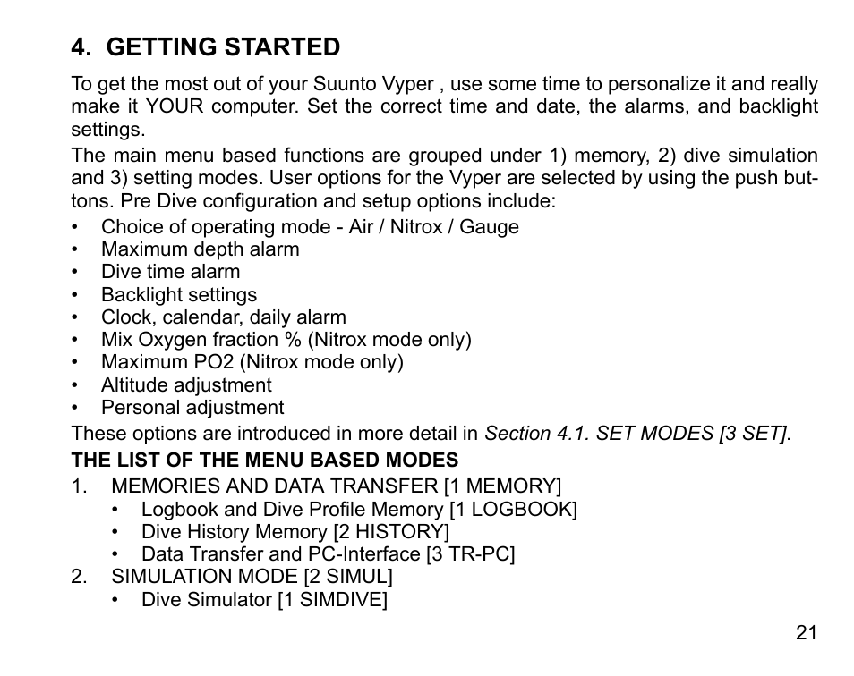 Getting started | SUUNTO Vyper User Manual | Page 21 / 122