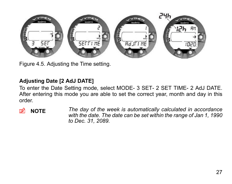 Adjusting date [2 adj date | SUUNTO Vyper User Manual | Page 27 / 122
