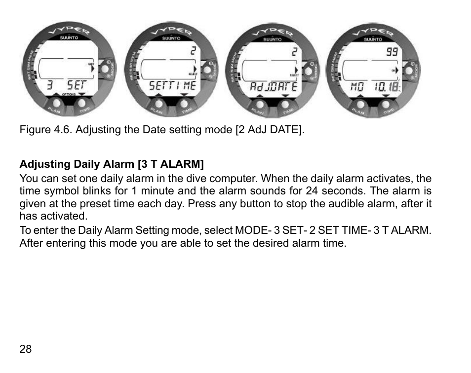 Adjusting daily alarm [3 t alarm | SUUNTO Vyper User Manual | Page 28 / 122