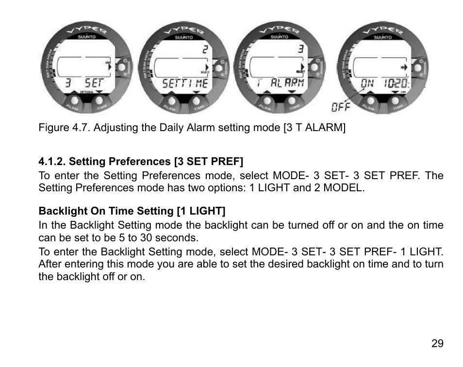 Setting preferences [3 set pref, Backlight on time setting [1 light | SUUNTO Vyper User Manual | Page 29 / 122