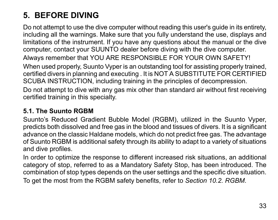 Before diving, The suunto rgbm | SUUNTO Vyper User Manual | Page 33 / 122