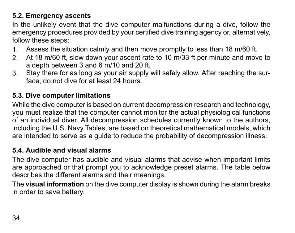 Emergency ascents, Dive computer limitations, Audible and visual alarms | 34 5.3. dive computer limitations, 34 5.4. audible and visual alarms | SUUNTO Vyper User Manual | Page 34 / 122