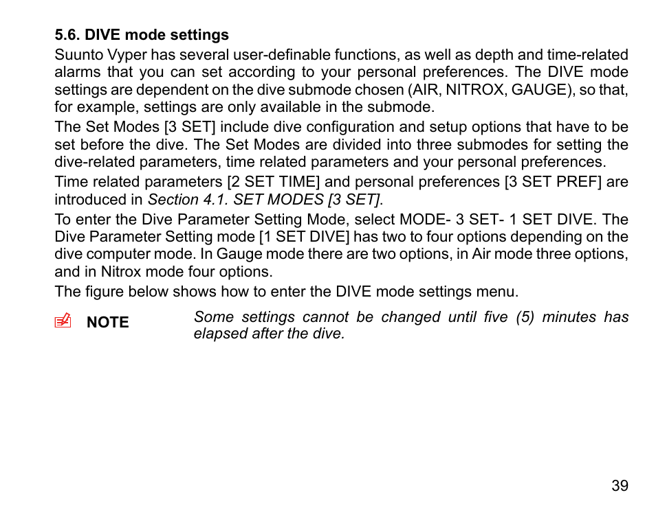 Dive mode settings | SUUNTO Vyper User Manual | Page 39 / 122