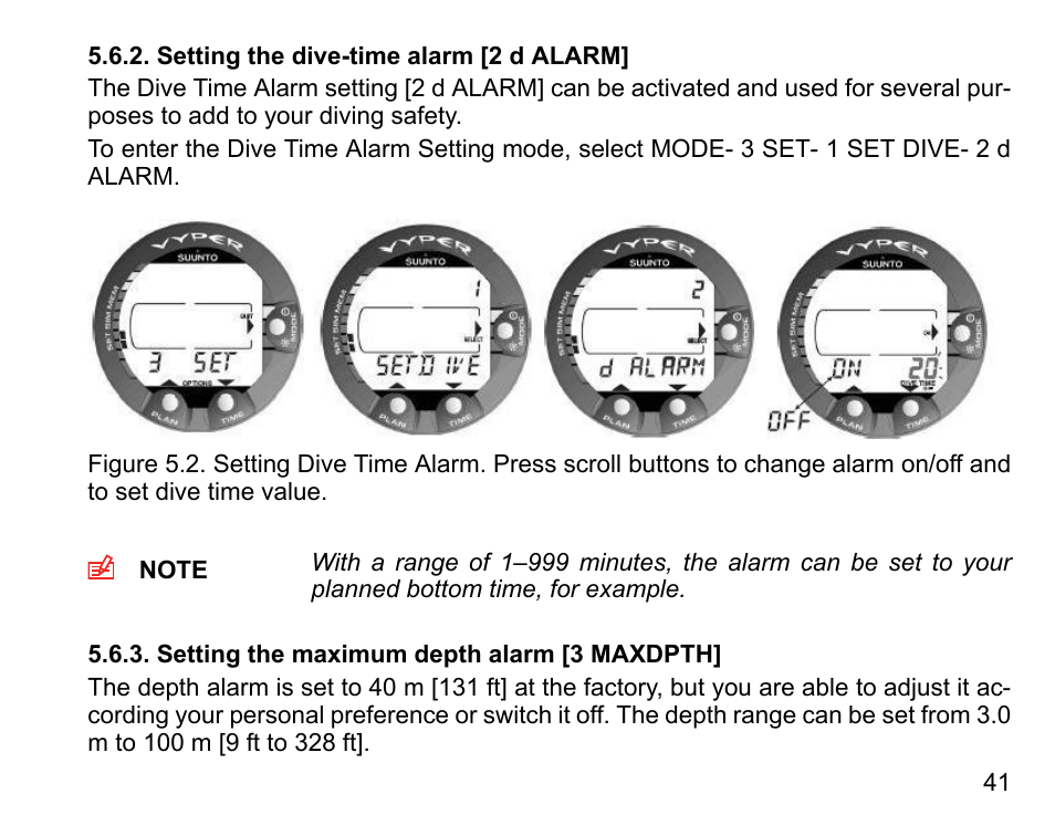 Setting the dive-time alarm [2 d alarm, Setting the maximum depth alarm [3 maxdpth | SUUNTO Vyper User Manual | Page 41 / 122