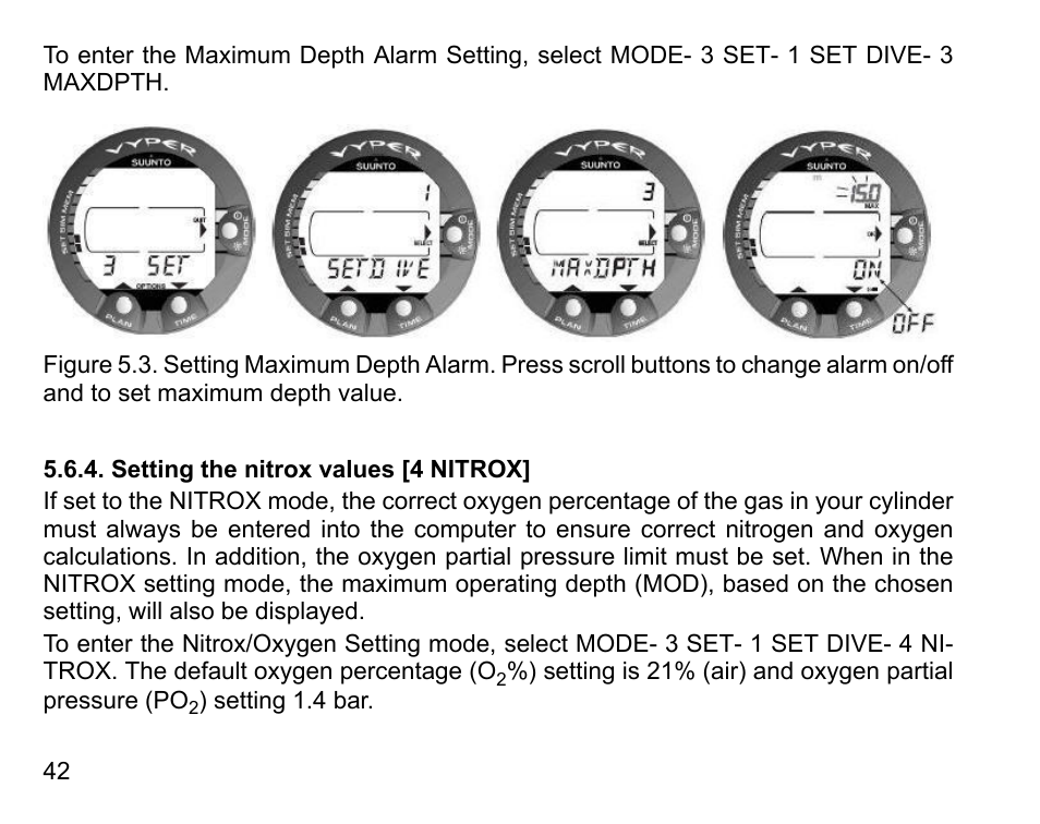 Setting the nitrox values [4 nitrox | SUUNTO Vyper User Manual | Page 42 / 122