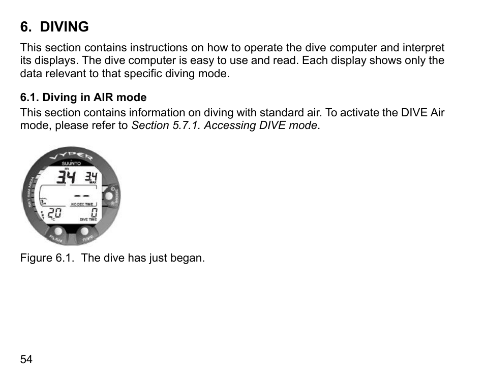 Diving, Diving in air mode | SUUNTO Vyper User Manual | Page 54 / 122