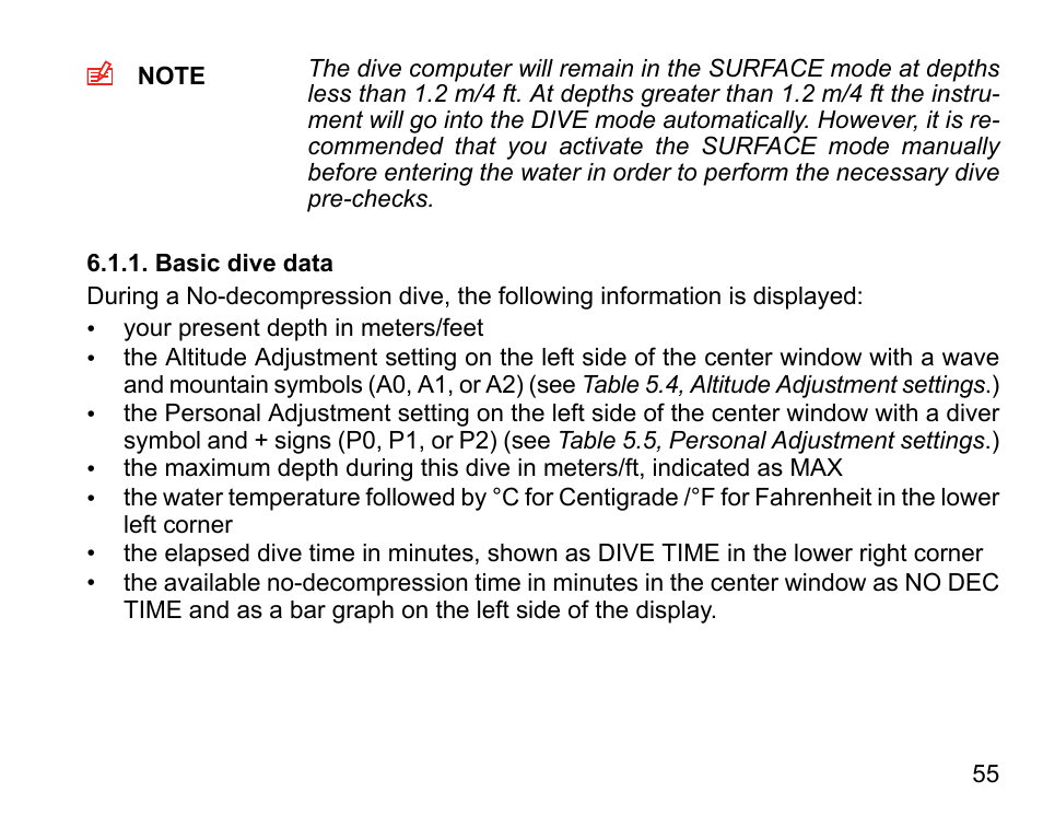 Basic dive data | SUUNTO Vyper User Manual | Page 55 / 122