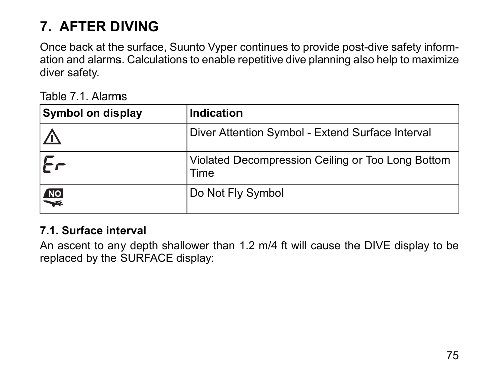 After diving, Surface interval | SUUNTO Vyper User Manual | Page 75 / 122
