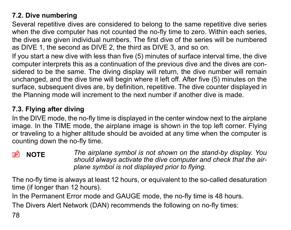 Dive numbering, Flying after diving, 78 7.3. flying after diving | SUUNTO Vyper User Manual | Page 78 / 122