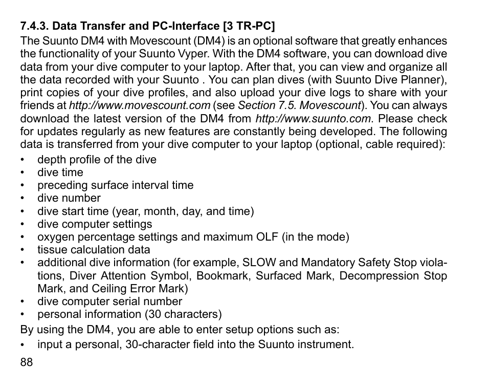 Data transfer and pc-interface [3 tr-pc | SUUNTO Vyper User Manual | Page 88 / 122