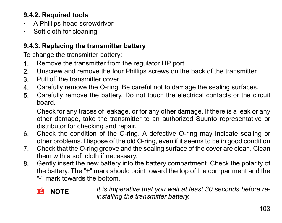 Required tools, Replacing the transmitter battery, 103 9.4.3. replacing the transmitter battery | SUUNTO Vyper Air User Manual | Page 103 / 124