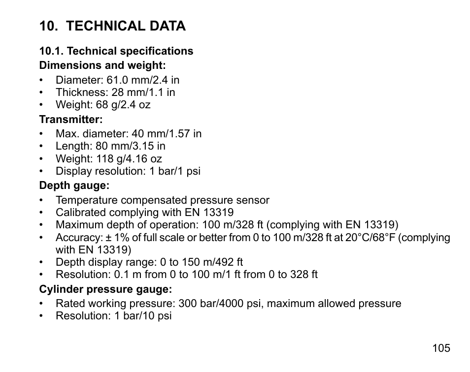 Technical data, Technical specifications | SUUNTO Vyper Air User Manual | Page 105 / 124