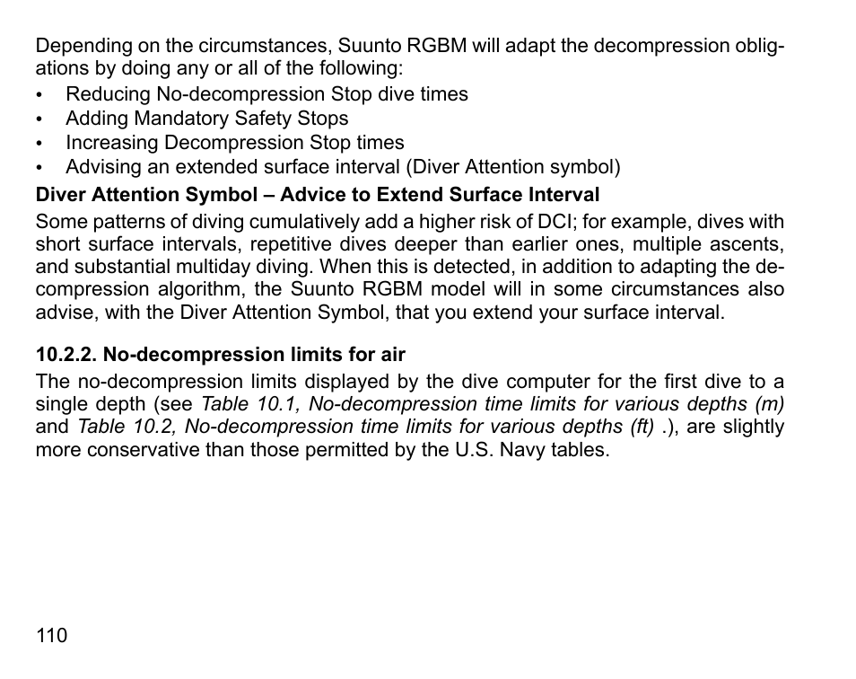 No-decompression limits for air | SUUNTO Vyper Air User Manual | Page 110 / 124
