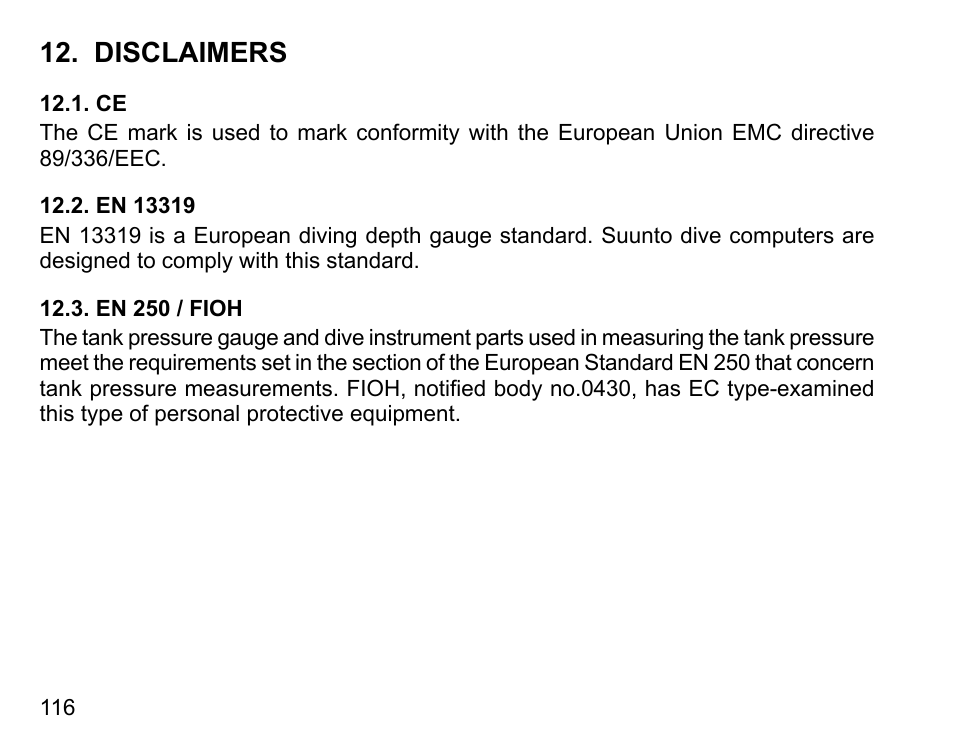 Disclaimers, En 13319, En 250 / fioh | 116 12.2. en 13319, 116 12.3. en 250 / fioh | SUUNTO Vyper Air User Manual | Page 116 / 124
