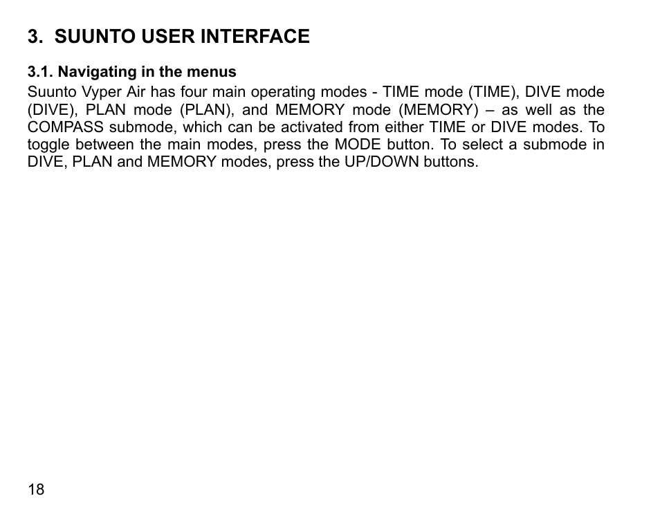 Suunto user interface, Navigating in the menus | SUUNTO Vyper Air User Manual | Page 18 / 124